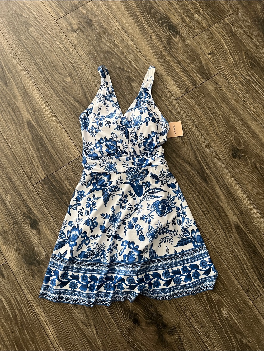 Blue & White Floral V-Neck Swimdress